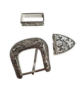 Load image into Gallery viewer, Vintage Western Floral Engraved silver- tone Belt Buckle set- 3 pieces
